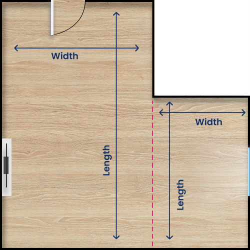 A bird's eye view of a room indicating widths and lengths.