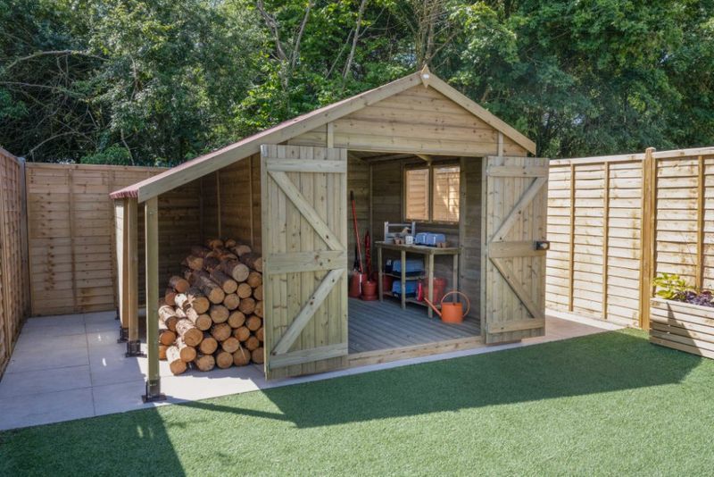 Forest Garden Tongue & Groove Pressure Treated Reverse Apex Shed with Double Door & Log Store