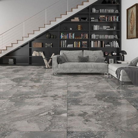 Grey marble floor tiles in a living room with a monochrome aesthetic.