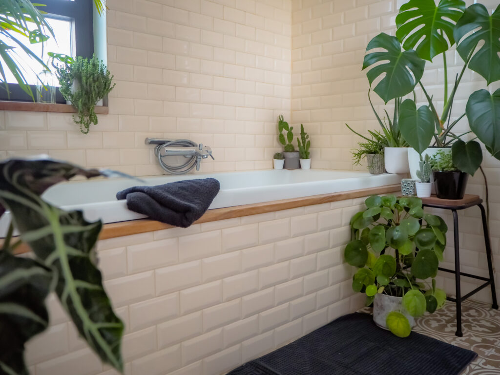An off-white brick effect tiled bathroom wall and bathtub, surrounded by a variety of houseplants