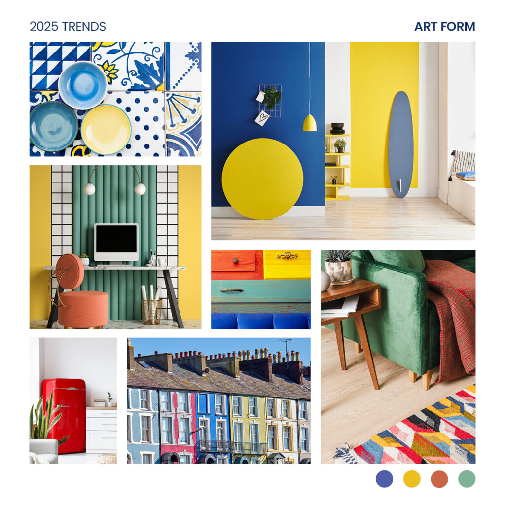 a mood board featuring rooms painted and tiled in different primary colours, geometric patterns, paint cans with open lids showing yellow, green and blue colours, and an image of some terraced houses painted in a range of bright colours including blue, pink, and yellow