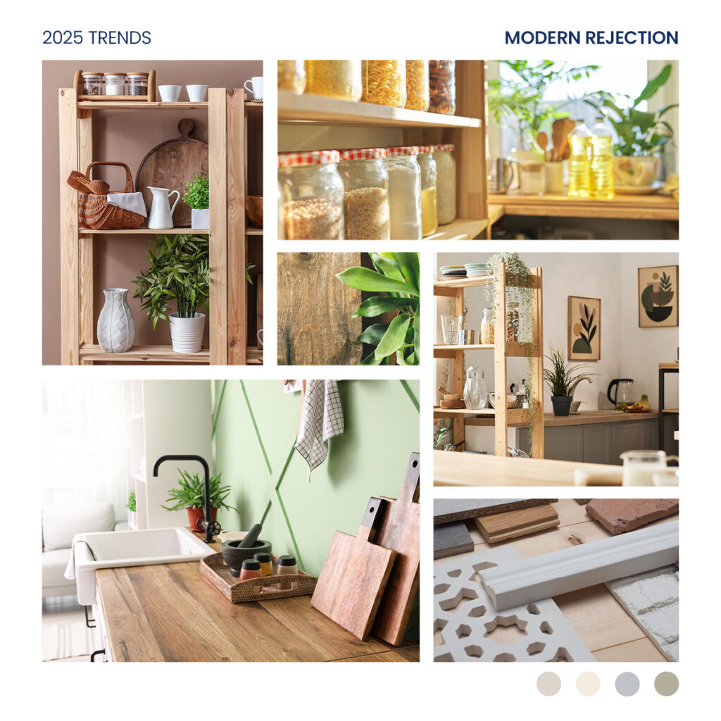 A collage of images showing kitchens and living spaces decorated with traditional, raw wood materials, beige colour schemes, and light green wall panelling