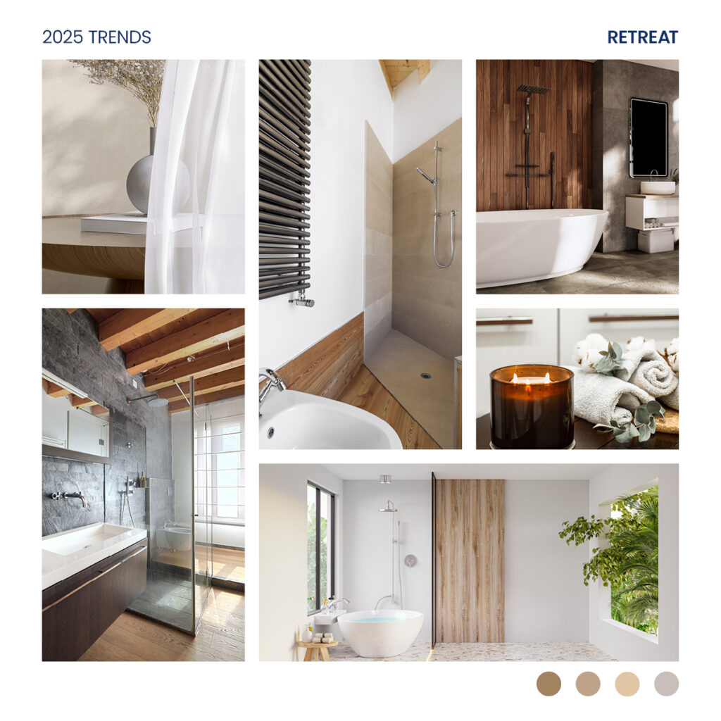 A collage of images of bathrooms inspired by relaxing spas and retreats. Featuring natural wood panelling, stone effect floors, stand alone baths, plants, and candles
