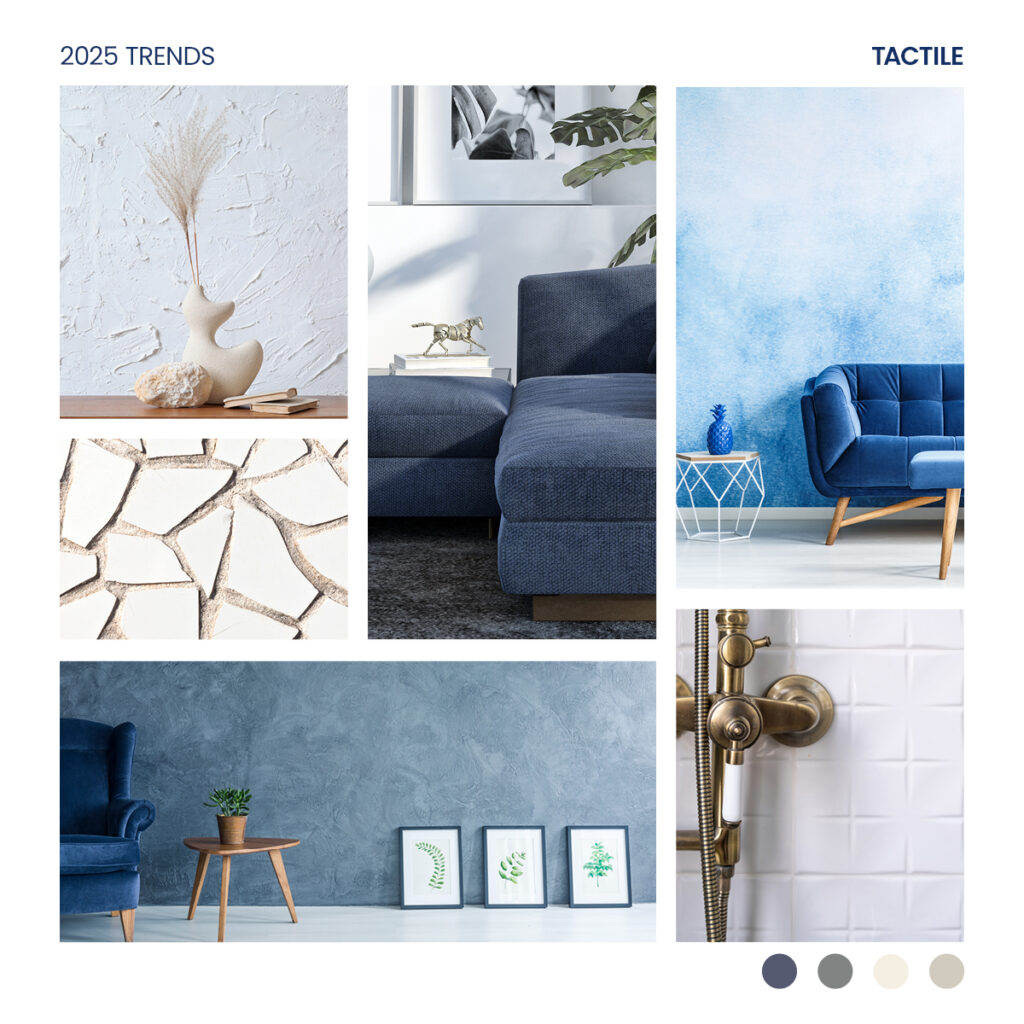 a collage of textured tiles in cool toned living spaces, with a colour palette of blue, grey, and white