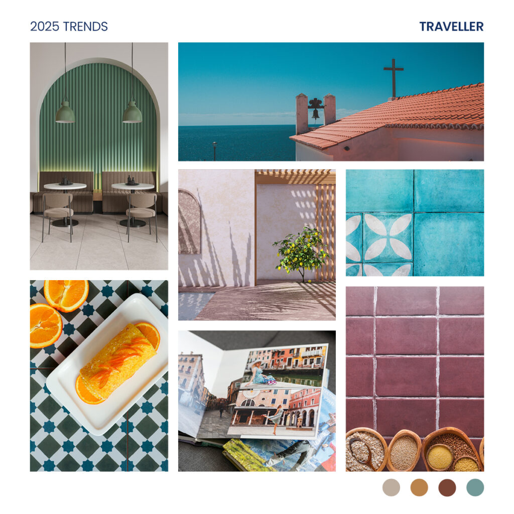 a collage of spaces with tiles featuring warm colours, traditional had painted patterns inspired by hot and sunny destinations