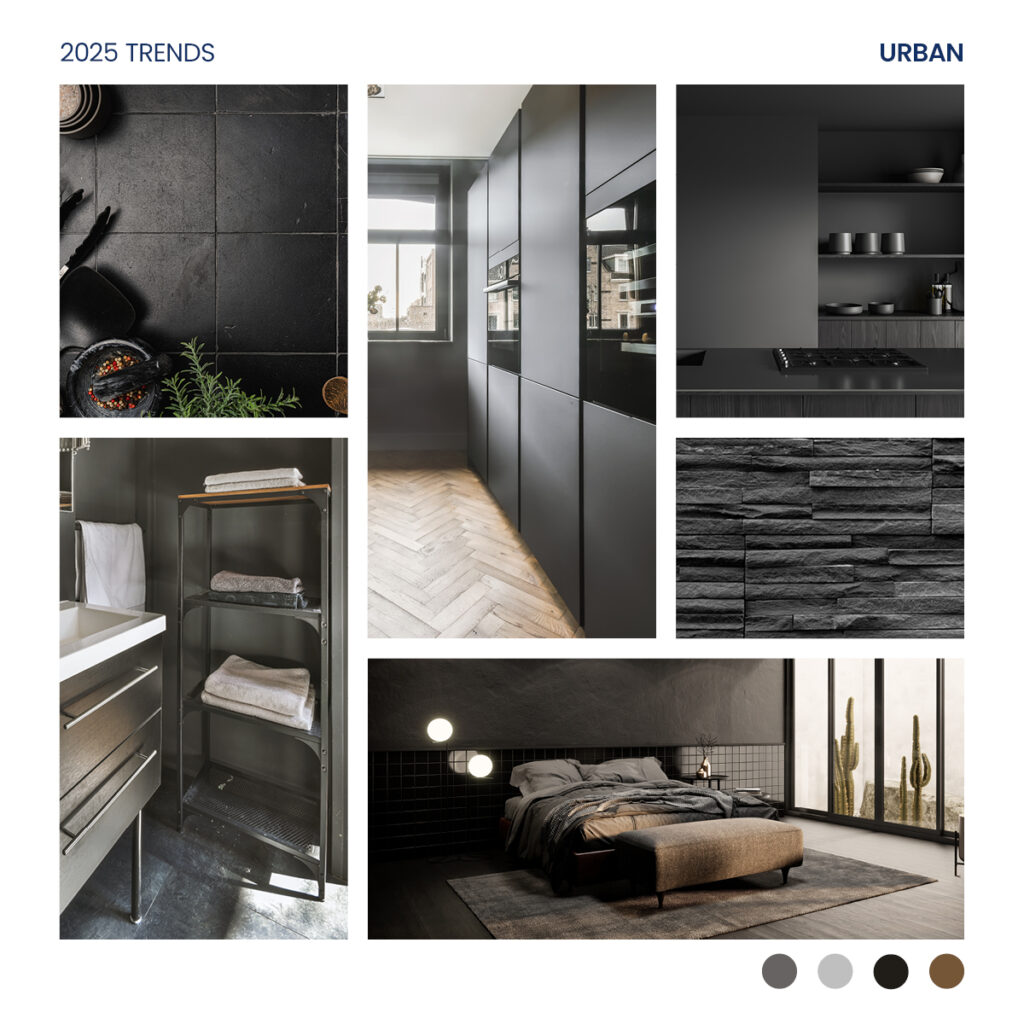 A moodboard featuring trendy and morden living spaces with dark tiled walls, with stone and concrete effect finishes